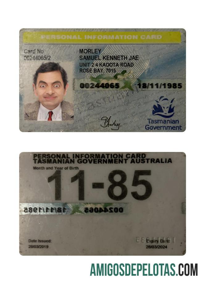 Amostra de cartão de informações pessoais da Austrália Tasmânia